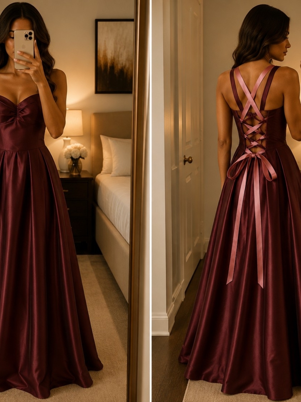 Blondie Nites Burgundy Satin Ball Gown | Lace-Up Back | NWT
✨ Brand new with tag
